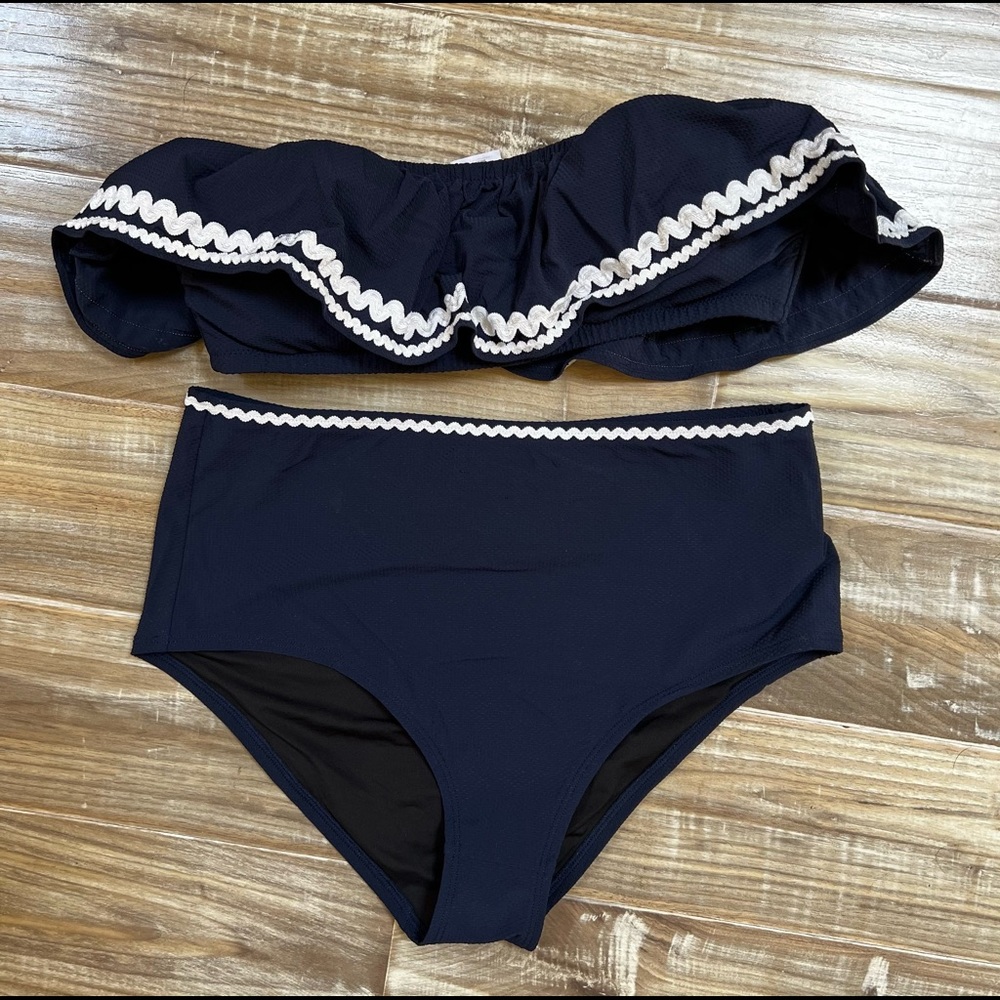 J. Crew Navy Blue Ruffle Bandeau Bikini with White Trim